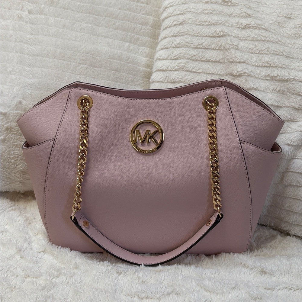 Michael Kors Pink Saffiano Leather Tote with Gold Chain